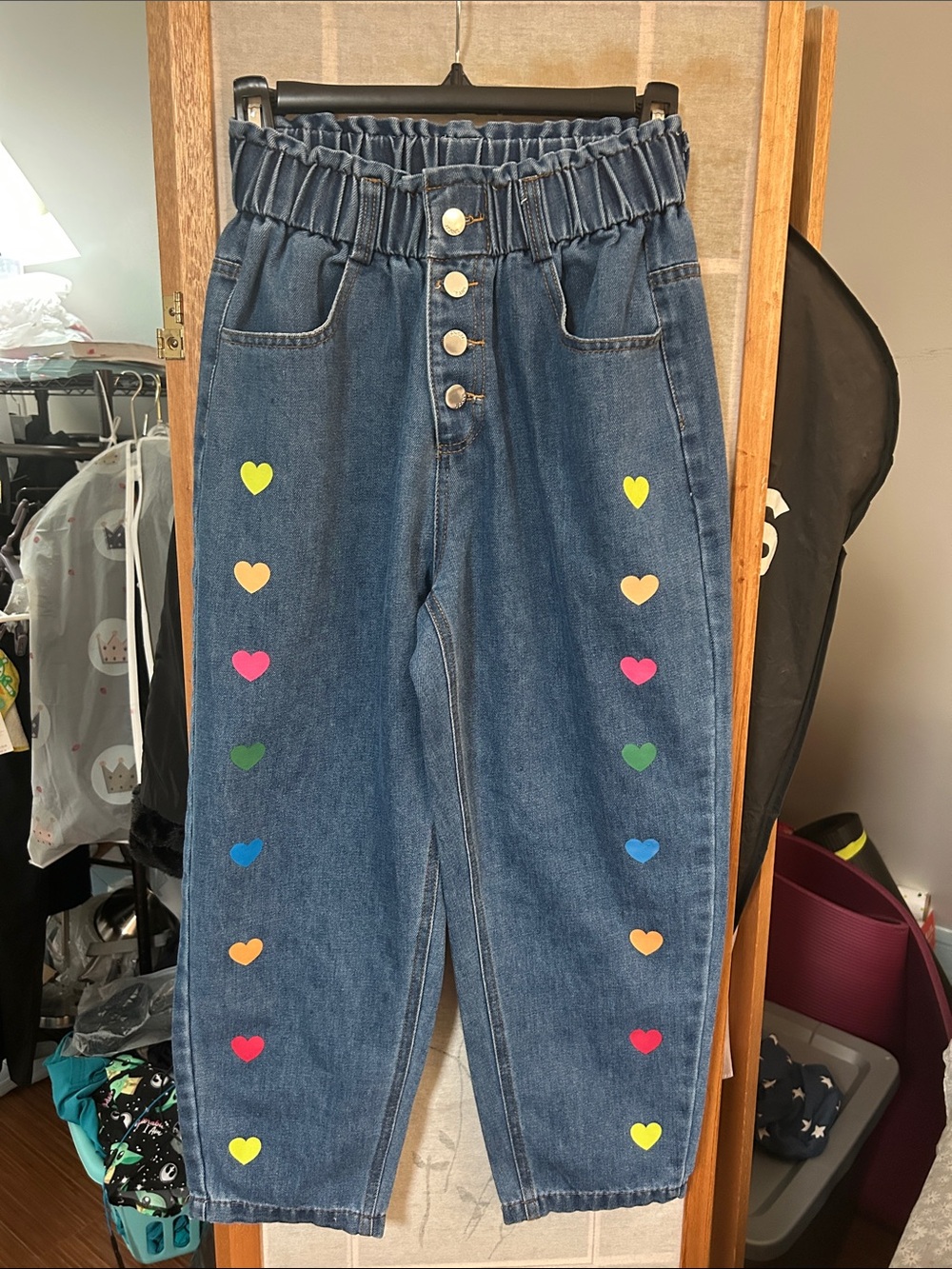 High-Waisted Blue Heart-Trim Women’s Jeans